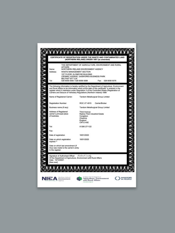 Tandom (NIEA) Waste Carriers & Brokers Licence 2022-25