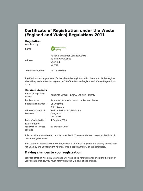 Tandom (EA) Waste Carriers & Brokers Licence 2024-27